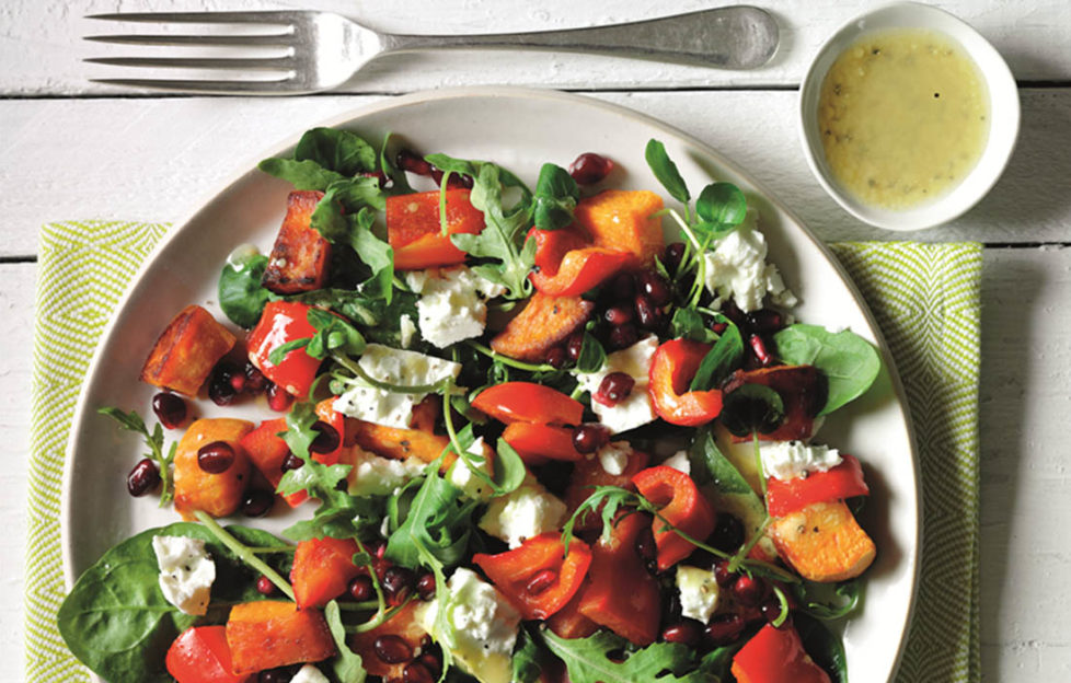 power packed lunch, salad with roasted sweet potato and feta cheese
