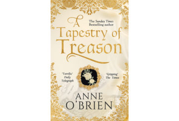 Cover of A Tapestry Of Treason, with effect of gold embroidery and a white rose emblem on black