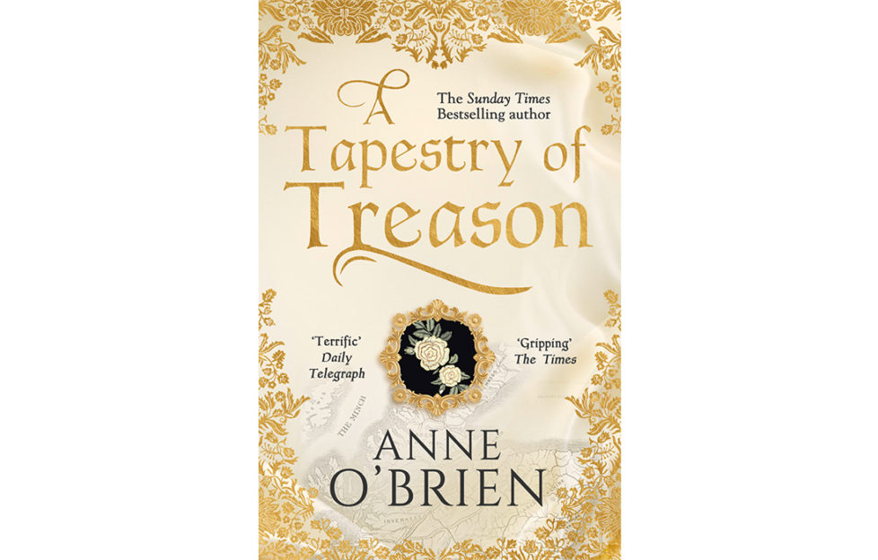 Cover of A Tapestry Of Treason, with effect of gold embroidery and a white rose emblem on black