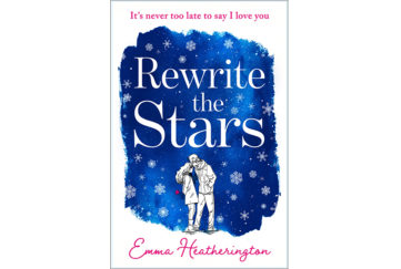 Cover of Rewrite The Stars, deep blue background, snowflakes falling, sketch of young couple, romance, yearning