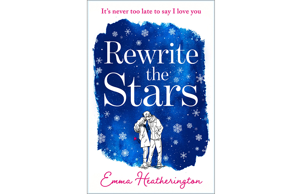 Cover of Rewrite The Stars, deep blue background, snowflakes falling, sketch of young couple, romance, yearning