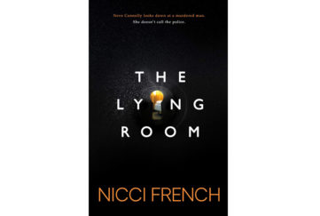Cover of The Lying Room, white letters on black, I is a keyhole through which we glimpse a bedroom