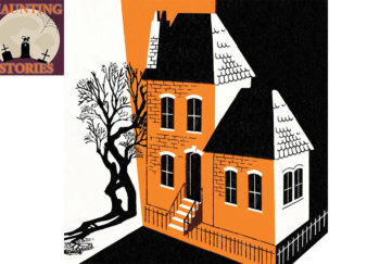 Orange and black image of house and twisty tree