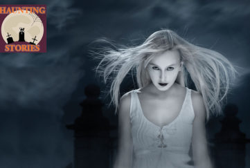 Ghostly girl in dark, lit from below, white dress, long hair
