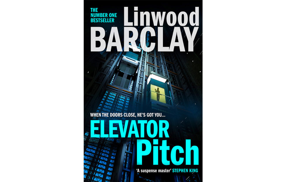 Cover of Elevator Pirch by Linwood Barclay. Glass lift ascends outside of high rise office block at night