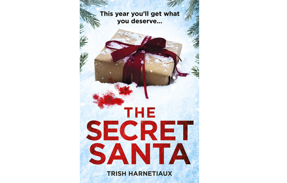 Cover of The Secret Santa by Trish Harnetiaux, Christmas gift lying in the snow, pine branches, blood spots on snow