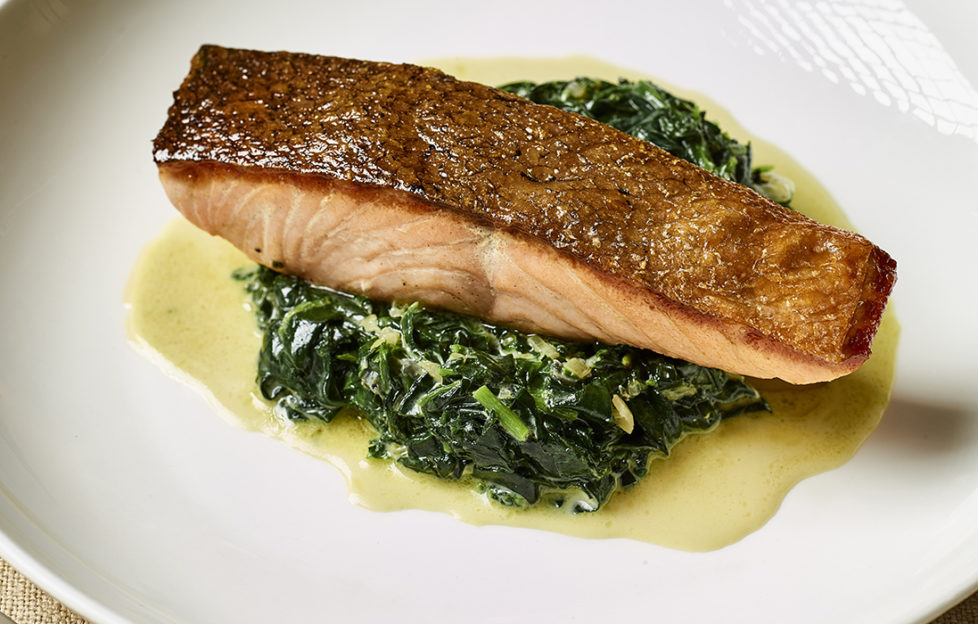 Pan fried salmon with crisp brown skin on bed of wilted spinach and watercress and melted butter jus