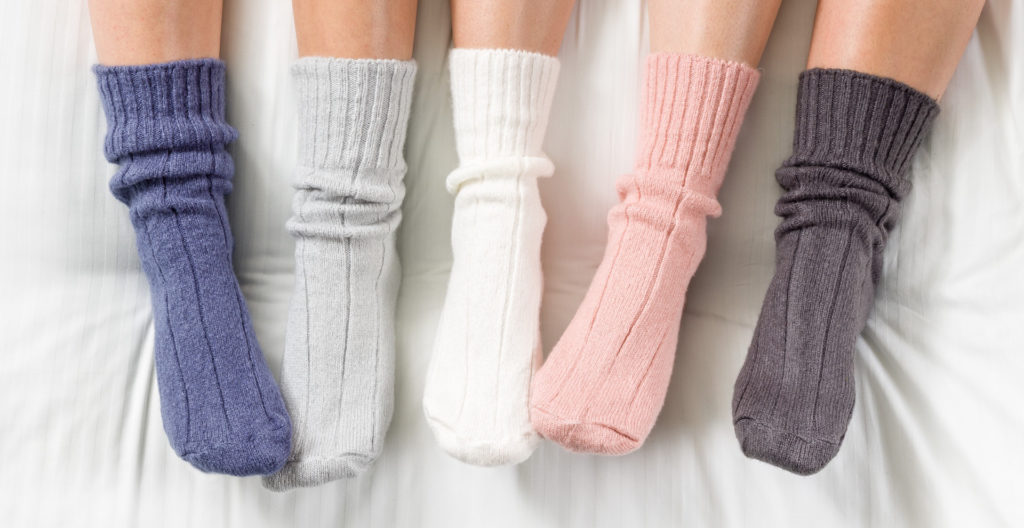 4 bedsocks - blue, pale grey, dark grey, pink, and cream