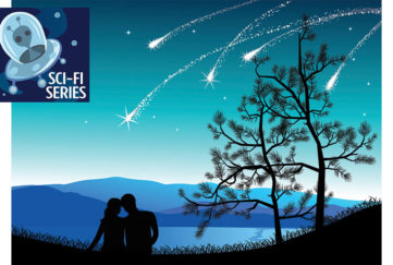 Illustration of couple in silhouette sitting watching shooting stars among trees