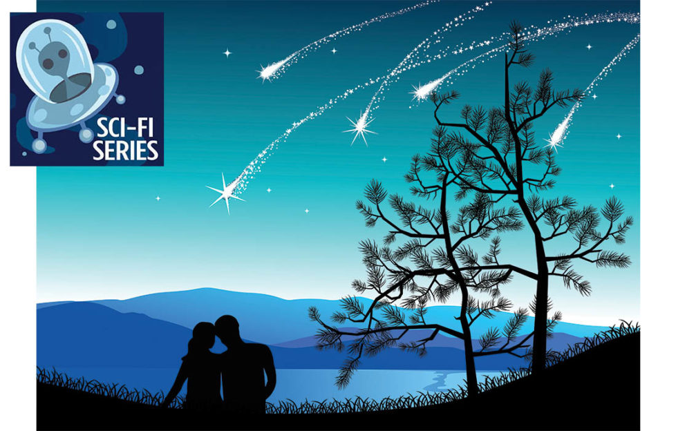 Illustration of couple in silhouette sitting watching shooting stars among trees