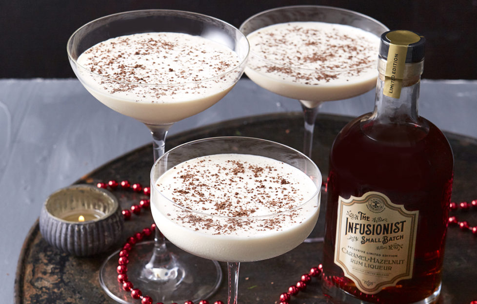 3 glasses of Caramel Frost liqueur, creamy with grated chocolate on top, Christmas cocktails