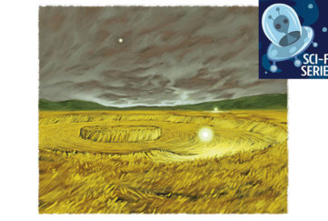 Painting of golden cornfield with crop circle, under a dark grey sky, with glowing white orbs