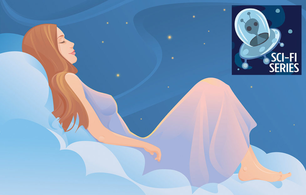 Digital illustration, woman in lilac negligee lying sleeping on a cloud