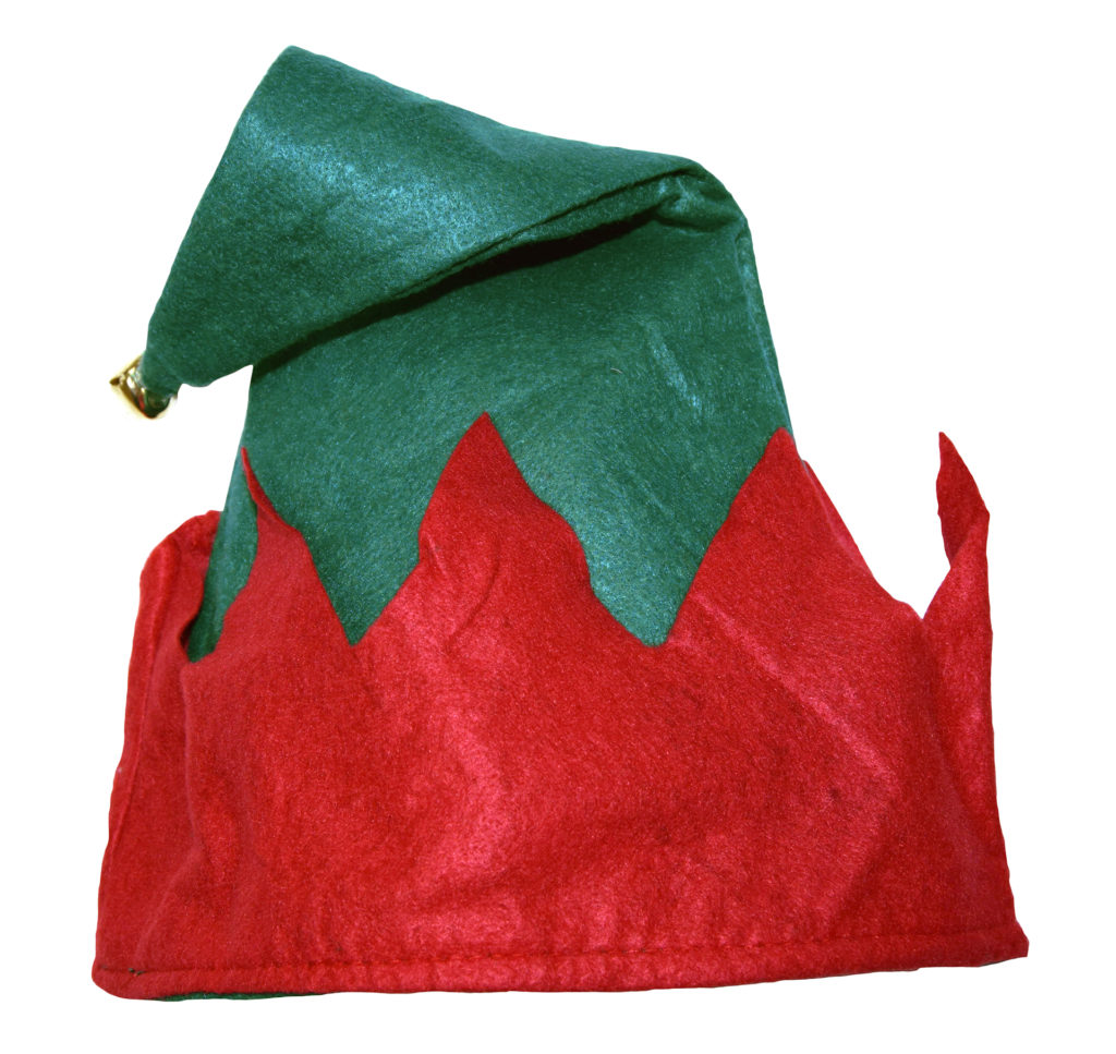 Lightweight pointy elf hat, dark green with red brim and small bell