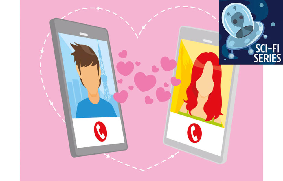 two smartphones, one showing a young man, the other a young woman, with hearts flowing between them