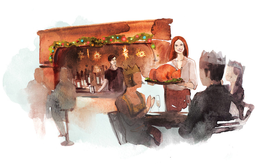 Middledip mini serial. Smiling man and woman serving people food in a pub on Christmas day