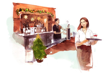 Watercolour sketch. Man behind bar decorated for Christmas, woman carrying glasses on a tray, smiling back at him