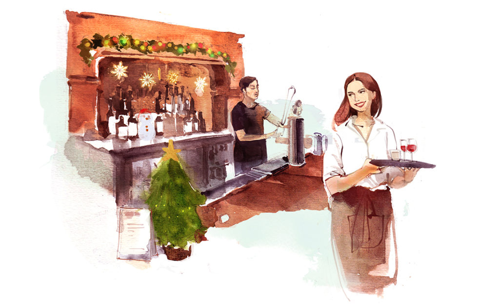 Watercolour sketch. Man behind bar decorated for Christmas, woman carrying glasses on a tray, smiling back at him