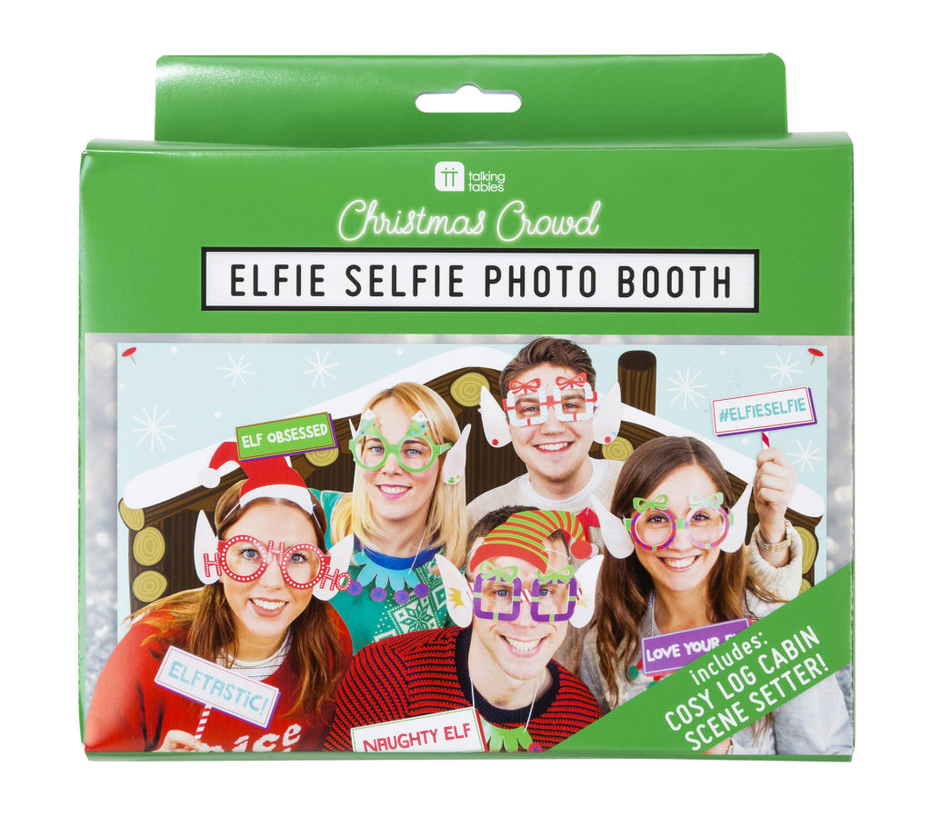 elfie selfies set, photo of group of people in silly hats, glasses, cheeky signs a etc