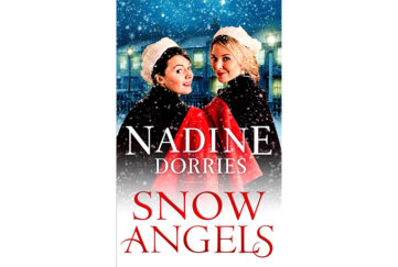 Cover of Snow Angels, two nurses in white caps and red-lined capes walking in the snow, turning back to smile