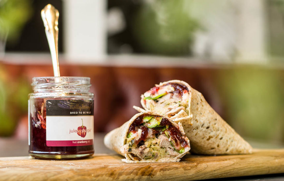 Wrap using up Christmas leftovers - turkey, cranberry, stuffing and sprouts with jar of Hot Cranberry sauce