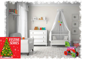 Baby nursery, all white except for bright coloured toys