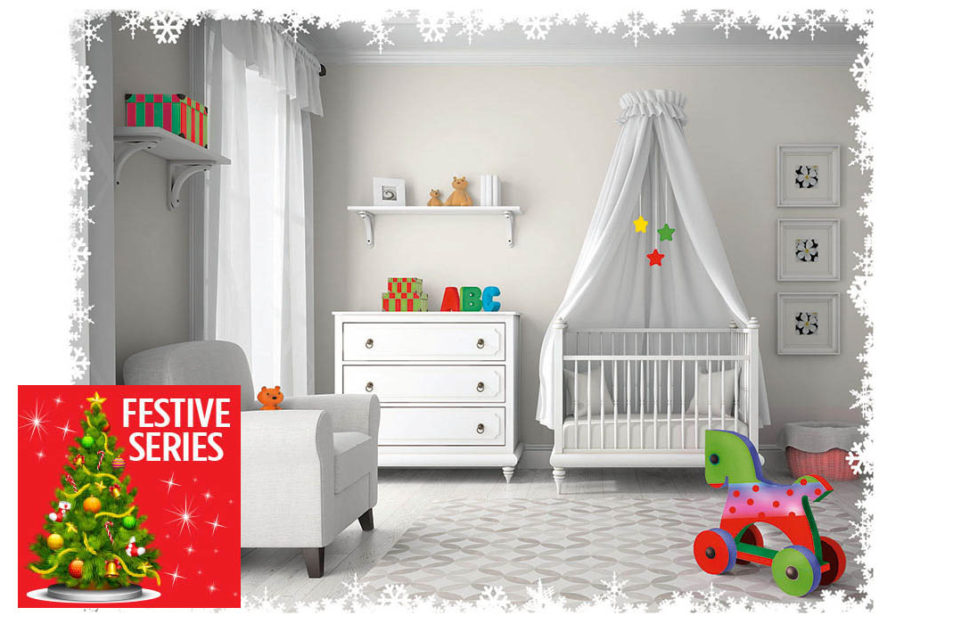 Baby nursery, all white except for bright coloured toys