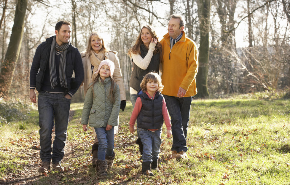 3 Generation family on country walk in winter;