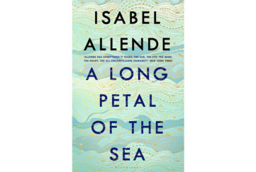 Cover of A Long Petal Of The Sea, lettering over illustration of waves in shades of turquoise with fine gold patterns