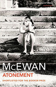 Cover of Atonement, girl aged 8-10 , barefoot in summer dress, sitting on stone steps looking thoughtful