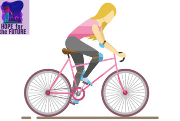Vector image of a woman in pink and grey sports gear cycling as fast as she can