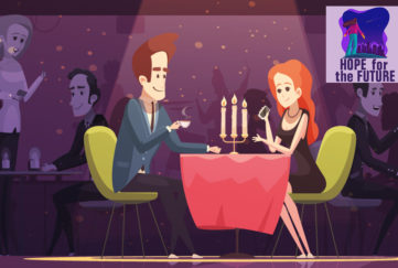 Illustration of couple at classy restaurant, candelabra on table