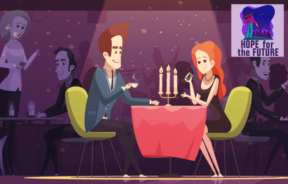 Illustration of couple at classy restaurant, candelabra on table