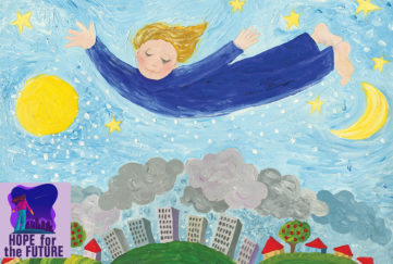 Naive style painting of child in blue night shirt flying high above the town among the stars