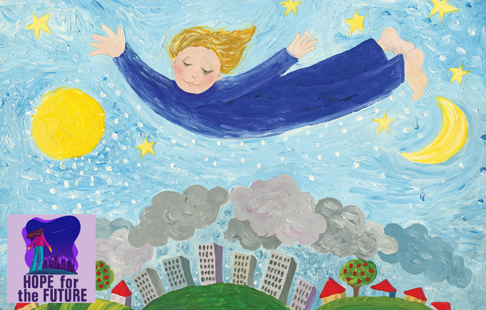 Naive style painting of child in blue night shirt flying high above the town among the stars