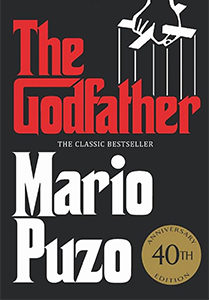 Cover of The Godfather book, red lettering with drawing of puppet strings attached to letters