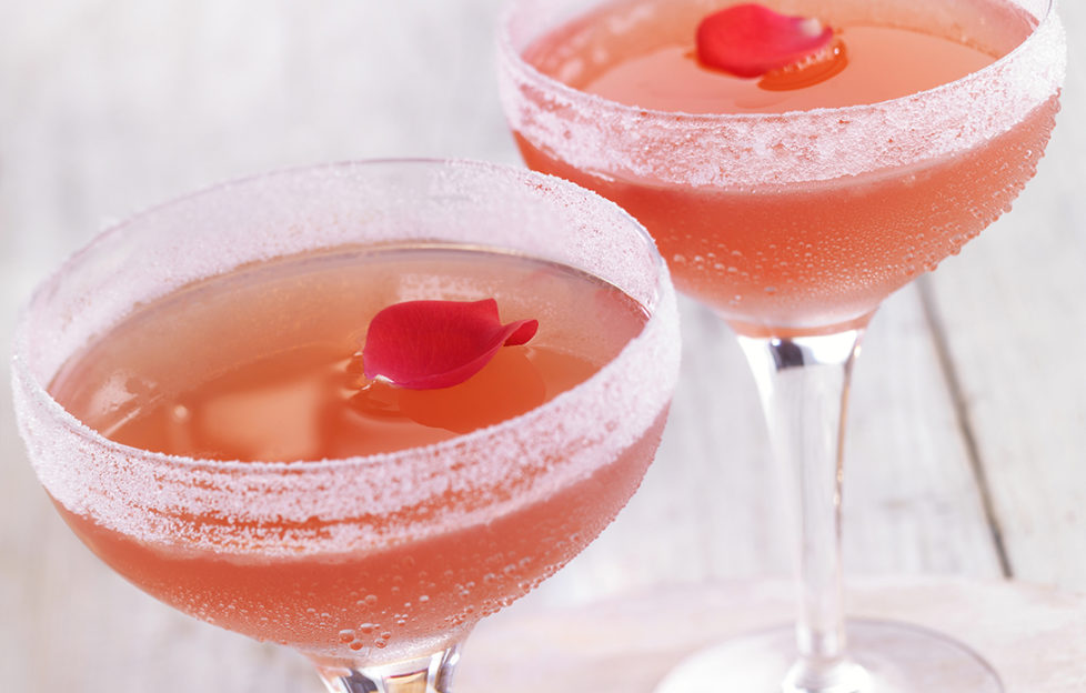 Two sugar-rimmed wide champagne glasses rose wine mocktail, garnished with rose petals