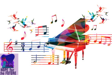 Grand piano and music staves, with flying hummingbirds, all in rainbow colours