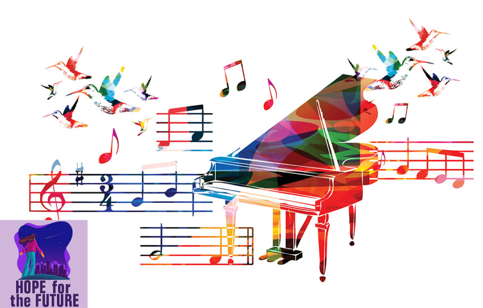 Grand piano and music staves, with flying hummingbirds, all in rainbow colours