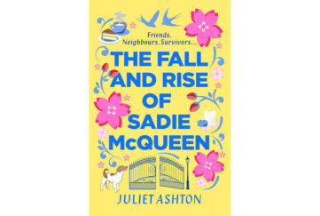 Cover of The Fall And Rise Of Sadie McQueen, blue block capitals on yellow cover, with flowers, lovebirds and a pair of ornate gates around the edge