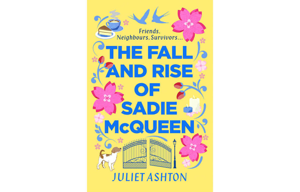 Cover of The Fall And Rise Of Sadie McQueen, blue block capitals on yellow cover, with flowers, lovebirds and a pair of ornate gates around the edge