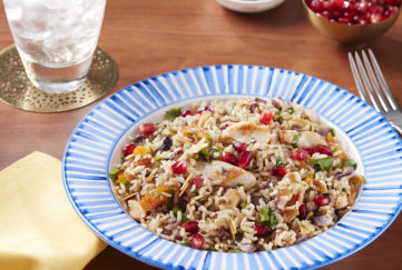 Bowl with radiating blue and white stripes around rim, containing wholegrain rice dish with chicken and pomegranate seeds