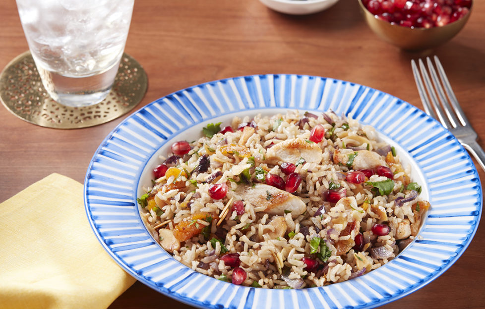 Bowl with radiating blue and white stripes around rim, containing wholegrain rice dish with chicken and pomegranate seeds