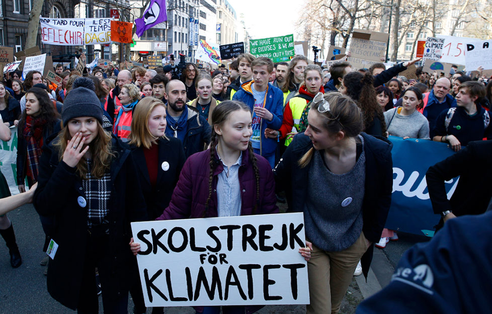Greta Thunberg leads a student climate march.