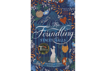 Cover of The Foundling, white silhouette of Georgian woman in bonnet on blue, surrounded by illustrations of leaves and hearts