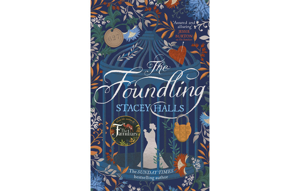 Cover of The Foundling, white silhouette of Georgian woman in bonnet on blue, surrounded by illustrations of leaves and hearts