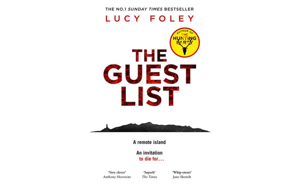 Cover of The Guest List - white background, silhouette of island with lighthouse, letters in red and black