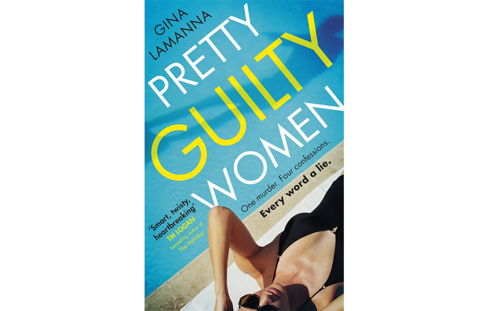 Cover of Pretty Guilty Women, woman in low cut black swimsuit and sunglasses lying beside turquoise swimming pool