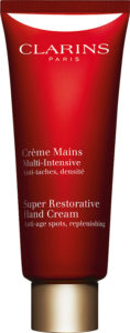 Shiny ruby red tube, Creme Mains Clarins hand cream
