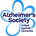 Logo of Alzheimer's Society, black text across blue outline of a forget-me-not flower